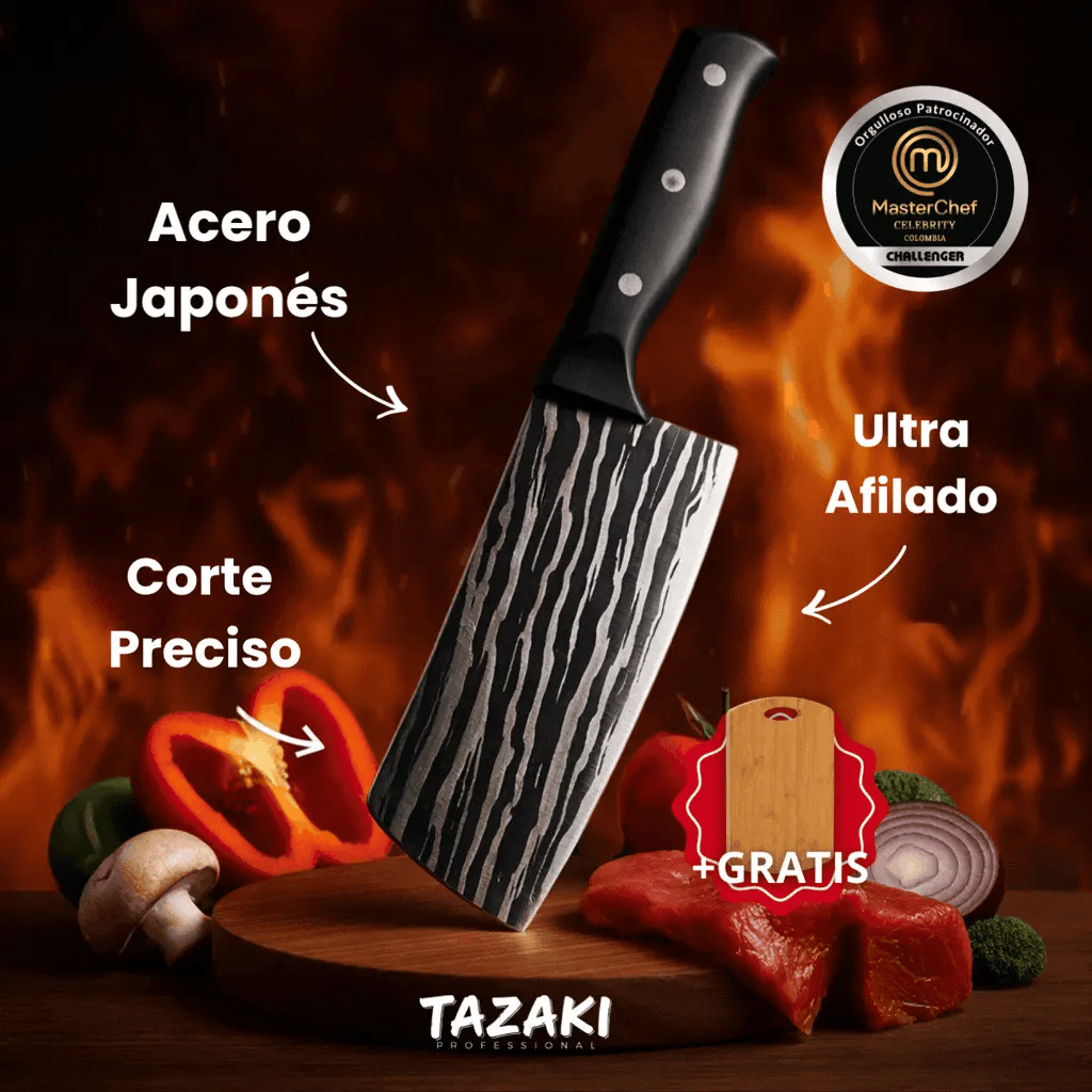 TAZAKI® | CUCHILLO #1 DEL MUNDO JAPONES ULTRA AFILADO + TABLA DE COCINAR DE REGALO